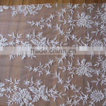 velvet embroidery cream tulle beads embroidery lace fabrics./Pearls Beaded Embroidery Lace Designs