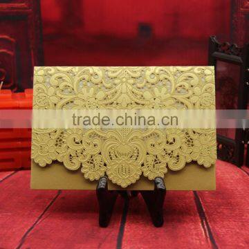 Best sell Gold pearl paper Embossed laser Cutting Chinese Wedding Invitation Card