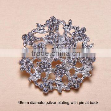 (M0557) 48mm diameter rhinestone metal brooch with pin at back,silver plating,all clear crytals