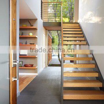 Indoor Double Stringer Wrought Iron Straight Stairs with oak steps