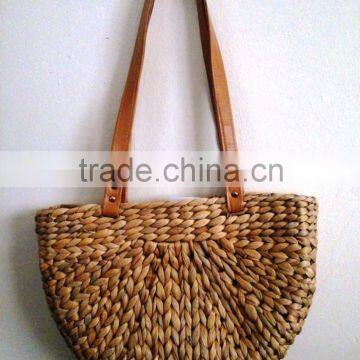 Women Water Hyacinth Handbag with leather handles