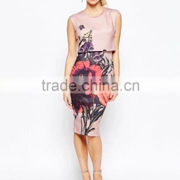 Wholesale clothing fake two piece dress of sleeveless round collar dress with flower