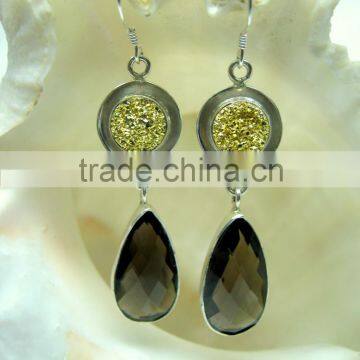 Druzy Round & Smoky Quartz Pear Facet Gemstone Earrings, 925 Solid Sterling Silver Earrings, Designer Dangle Bezel Earring,