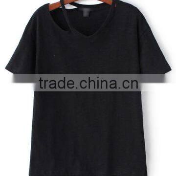 T-shirts latest fashion design women clothing Black V Neck Cut Out Casual T-shirt