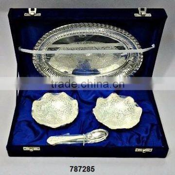 Brass Bowl Set With Tray & Spoons Silver Plated in Velvet Box for Corporate Gifts