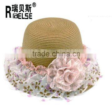 Wholesale kids straw hats girls beautiful flower sun hats