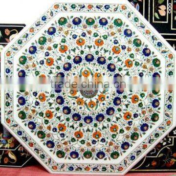 Pietra Dura White Marble Inlay Coffee Table Top