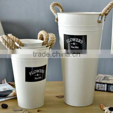 Rustic Metal Galvanized Flower Plant Pot With Hemp Rope Handles photo-3