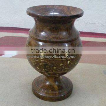 Wooden Hand Carved Flower Vase with Brass Work