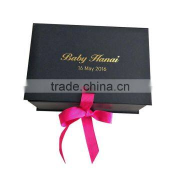 custom gold logo matte black ribbon closure flat folding baby clothes paper packaging box