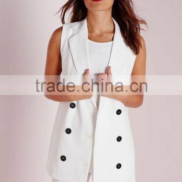 Women Fancy White Sleeveless Double Breasted Slim Fit Blazer photo-2