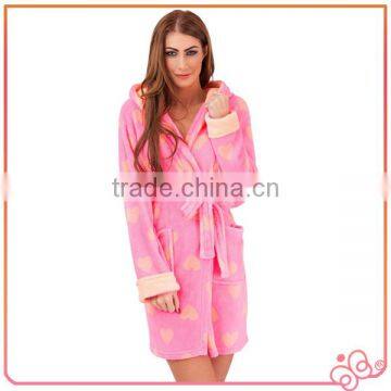 short heart pattern print flannel bathrobes women