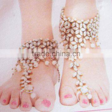 GOLD tone TCRYSTAL pearl PAYAL Anklets toe ring barefoot sandal