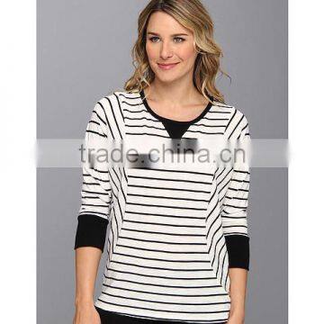 Women White Black Stripe Fleece Scoop Neckline With Sweater-stitch at Front Three-quarter Length Dolman Sleeves Sweater Fleece photo-2
