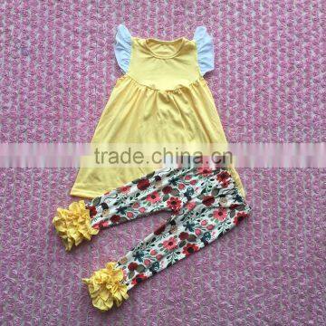 2017 new style baby flutter sleeve yellow pearl dress with floral print icing pants set