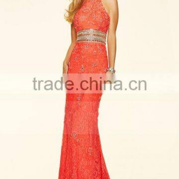 2016 Mermaid High Neck Prom Dresses Lace With Beads Sweep Train photo-3