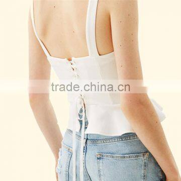 2017 OEM Girls Flounced Hem Cream Textured Corset Blouse Top photo-4