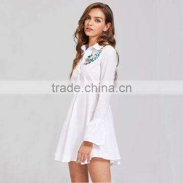 Women Flower Emboriedered Long Sleeve Clothing, White High Waist Shirt Dress photo-3
