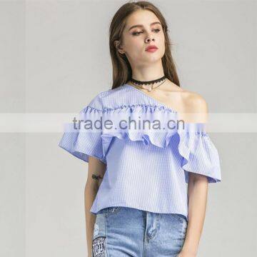 HOT Style Plaid Flouncing Short Sleeve, Women Sexy One-shoulder Blouse photo-4