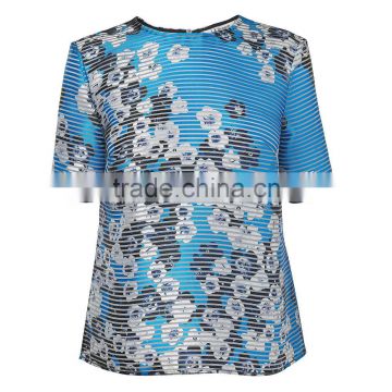 Women New Fashion Round Neck Jacquard T Shirt Digital Floral Printed with Stripes Tops for Ladies