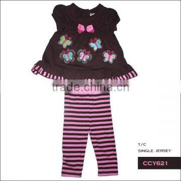 Custom 2015 summer girl clothing sets boutique stripe floral print cotton knitting design pajamas for baby girls