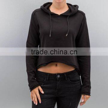 China Manufacturer Urban Fashion Raw Hem Black Pullover Hoody for Womens
