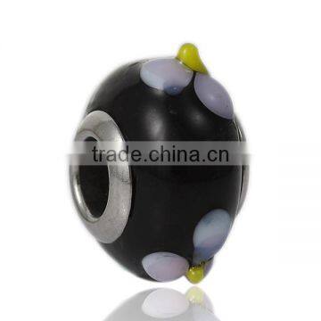 Lampwork Glass European Style Large Hole Beads Round Black Mauve Flower With 304 Stainless Steel Silver Tone Core