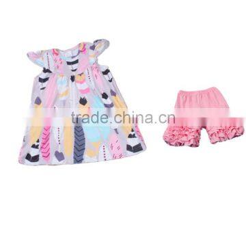 bulk wholesale kids clothing cute feather printes matching ruffle pink shorts clothing for kids 2017