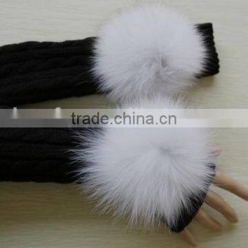 Soft knitted long gloves with fox fur pompon/ colorful knitted match colorful fur pompon