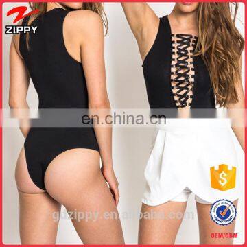 Hot New Fashion Lace Tie Up Women Bodysuit In Black