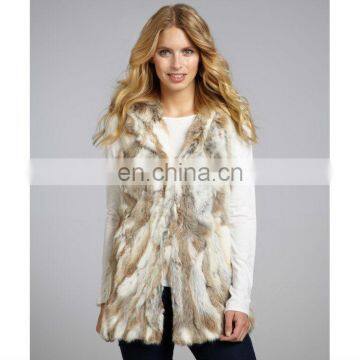 brown&white rabbit fur hooded vest/quality+OEM+ODM