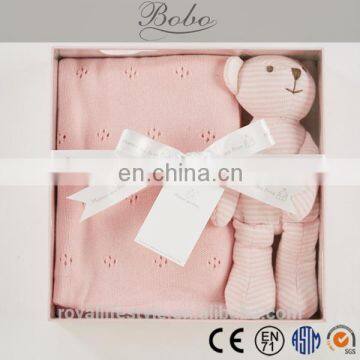 High quality cute newborn baby gift set with bear shaped plush toy and baby blanket