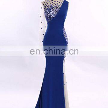 Fashion One Sleeve Jewel Mermaid Evening Dress Robe De Soiree 2016 Crystals Royal Blue Plus Size Prom Dresses Abendkleider