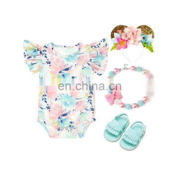 2019 New Arrival Boutique Floral Flower Printed Flutter Sleeve Wholesale Price Baby Jumpsuit photo-3