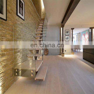 Tempered glass panel railing  wood steps stair  internal straight staircase