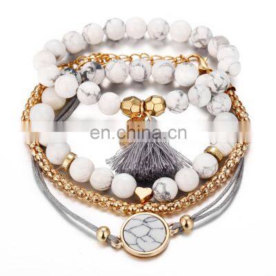 4pcs/Set Bohemian Stone Beads Chains Bracelets Set For Women Metal Heart Round Tassel Charm Bangle Fashion Jewelry photo-2