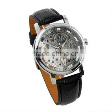 New Men's Black Leather Luxury Skeleton Dial Hand-Wind Up Mechanical Wrist Watch