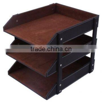 3 Layers PU Leather File Tray,Classic Coffee Faux Leather Magazine Rack for Office Use photo-2