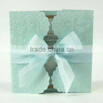 Hot sale elegant green embossed folded wedding invitations with green ribbons