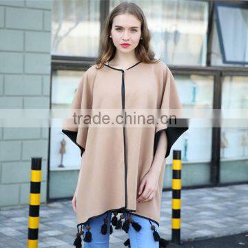 Big street PU edging latest fashion wooden beads decorated office shawl cloak