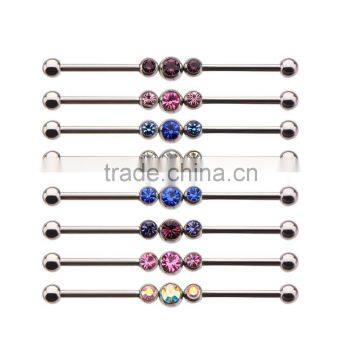 316L Industrial Barbell with Triple CZ Center Piece Body Piercing Jewelry