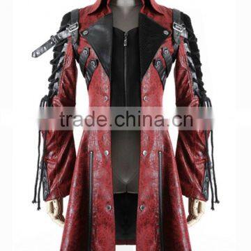 Mens Red Black Faux Leather Goth Steampunk Military Coat