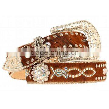 Western Womens Hair On Hide Rhinestone Berry Conchos Belts Brown