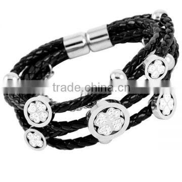 SRB3096 New Fashion Stainless Steel Clover in Round Charm with Braid Black Leather Bracelet