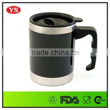 400ml black double walled cylindrical steel travel mug with handle