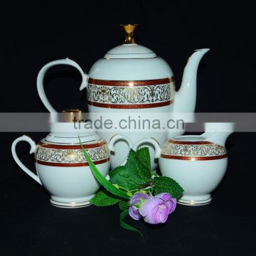 Tea pot and sugar pot and milk pot in porcelain