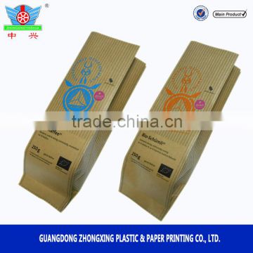 Side gusset resealable zipper kraft paper food packaging bag with clear plastic lining and window