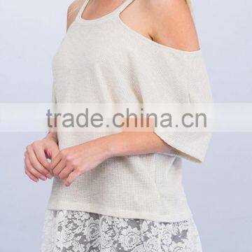 Women Clothing Summer 2017 LIGHT WEIGHT KNIT LACE HEM DETAIL OFF SHOULDER TOP Knitwear Women photo-3