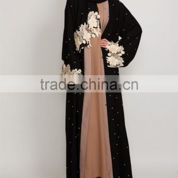 Guangzhou clothing OEM White pearls scattered Scallop lace detailing Pop up buttons Black Pearl Abaya