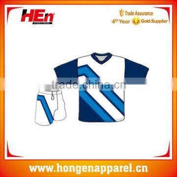 Hongen apparel wholeasle teenage blue and white short sleeve soccer set OEM custom design